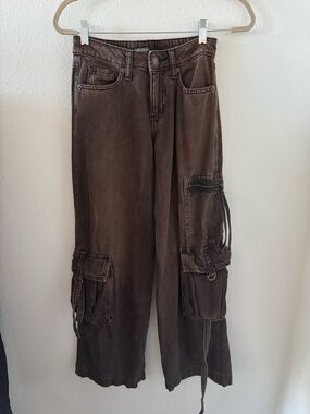Womens Brown Mid Rise Baggy Cargo Jeans Wide Leg Utility Pockets Streetwear 00/R